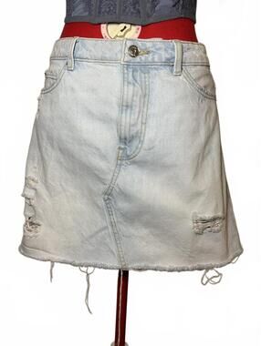 1A Light Wash Distressed Denim Mini Skirt